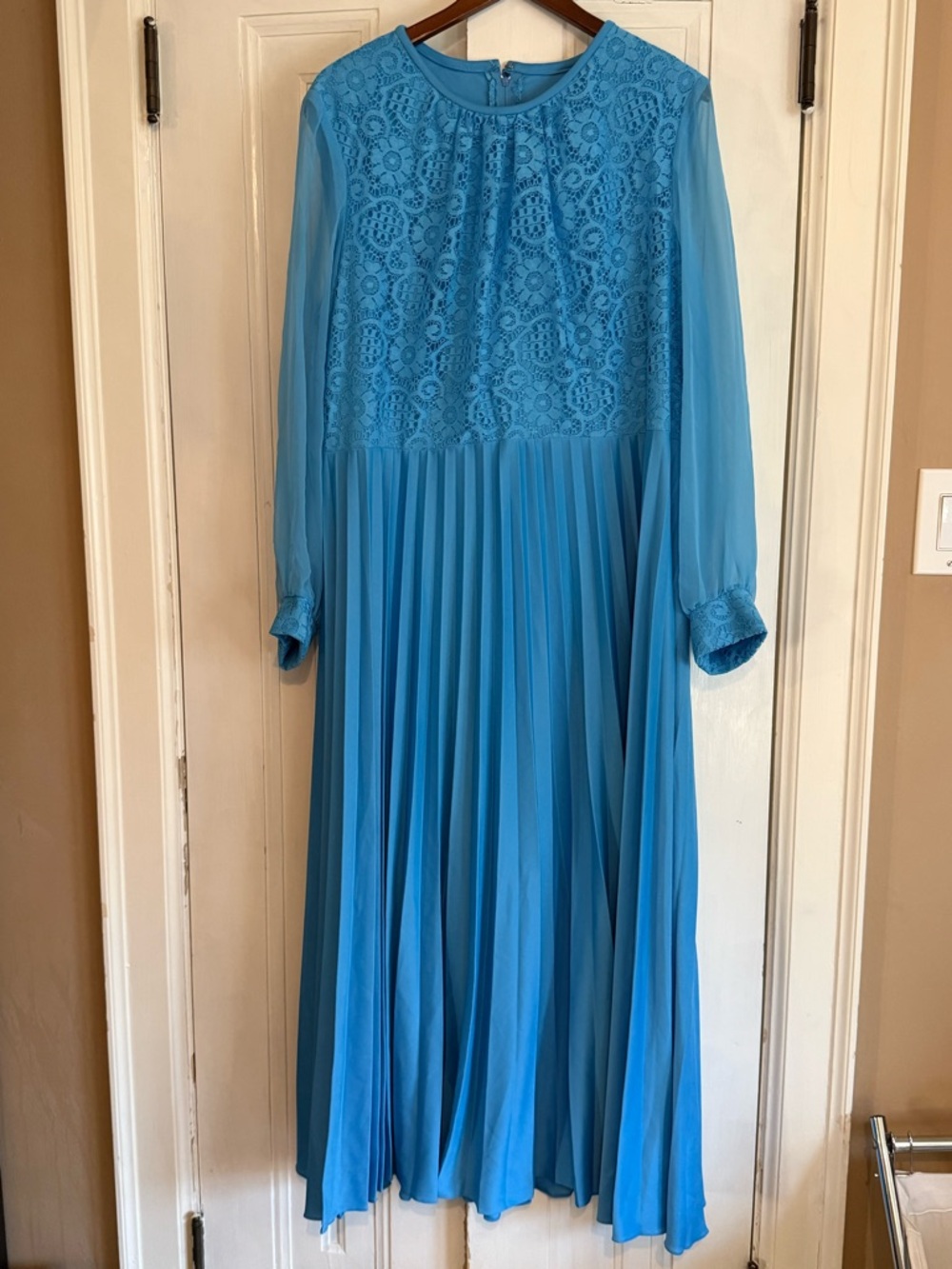 Vintage Sky Blue Lace Bodice Pleated Maxi Dress
